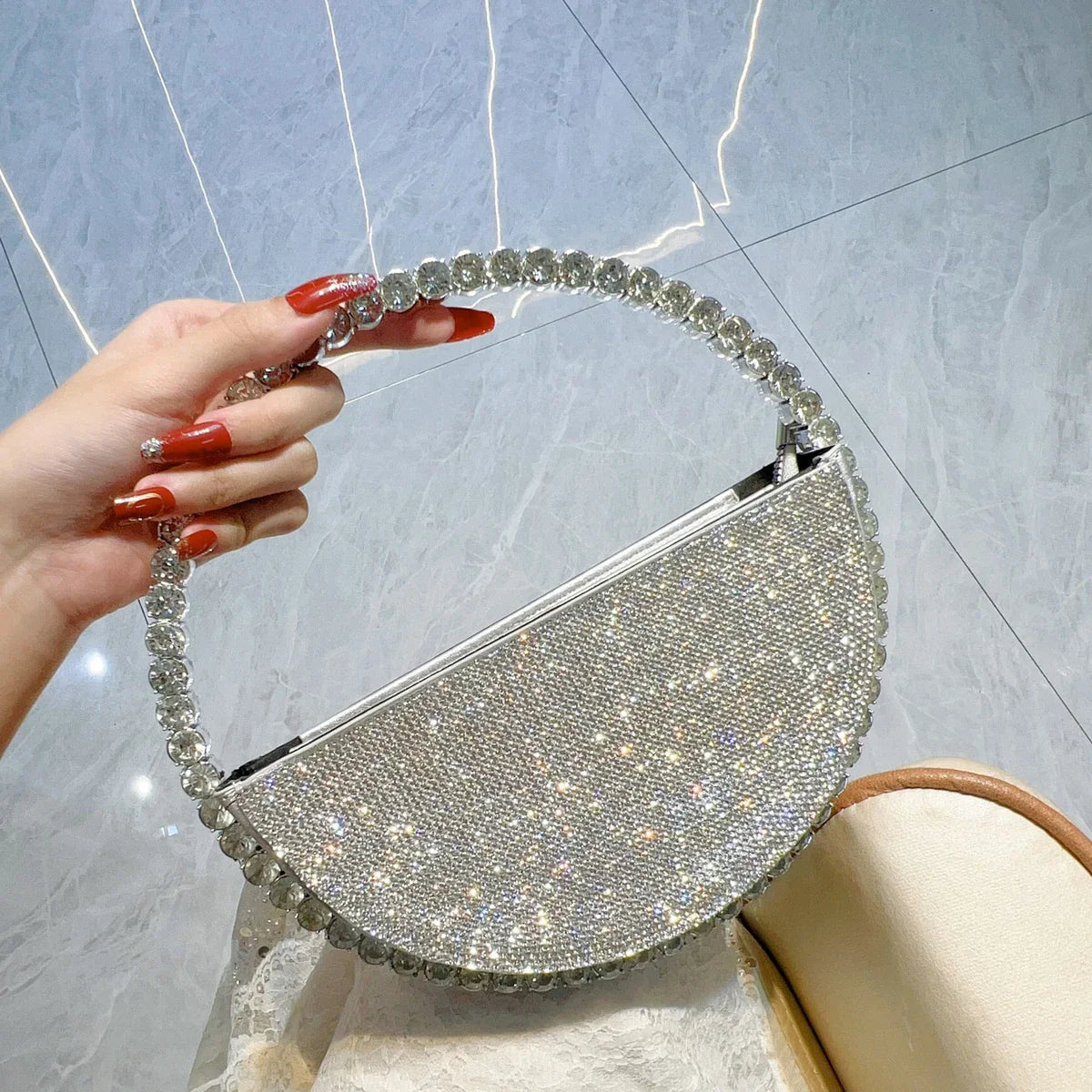 New niche round set diamond shaped handbag, socialite rhinestone banquet bag, French dress evening bag, crossbody dinner bag