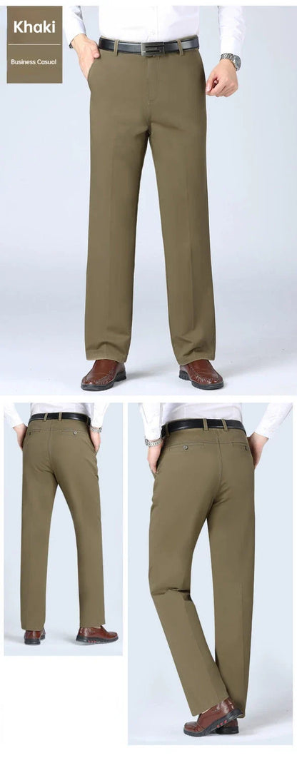 Men's Office Business 100% Cotton Pants Summer Thin & Autumn Thick High Waist Straight Loose Solid Bland Suit Slacks GOZBKF