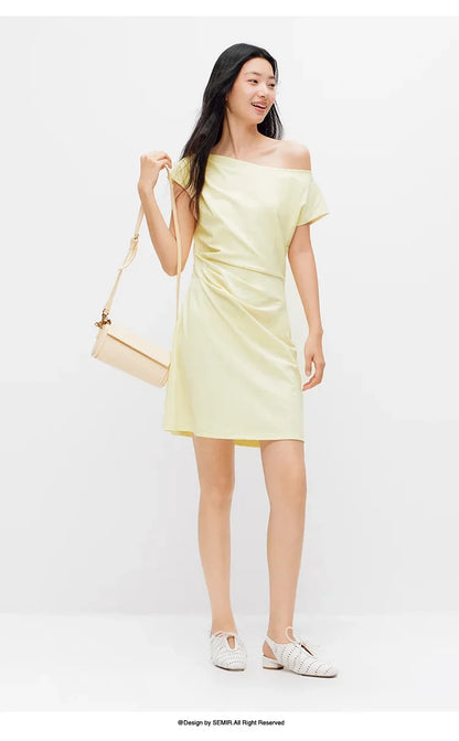 Women Dress One Shoulder Oblique Neck Waist Pleated Solid Cool Feeling Mini 2026 Summer Minimalist Temperament Fashion Top