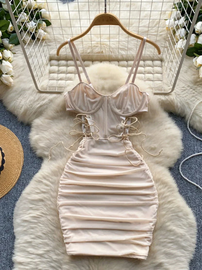 Ins Sexy Hollow Out Sling Dress with Exposed Waist Bandage Pleated Slim Fit Bodyocn Girl's Photo Date Short Dress