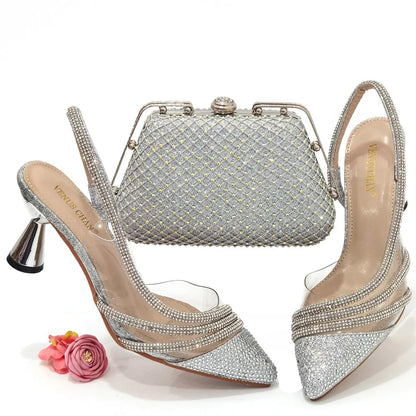 Italian Pointed Toe Wedding Shoes Gold Color Summer Sandal for Women 2023 High Heels Rhinestone Shoe and Bag Set