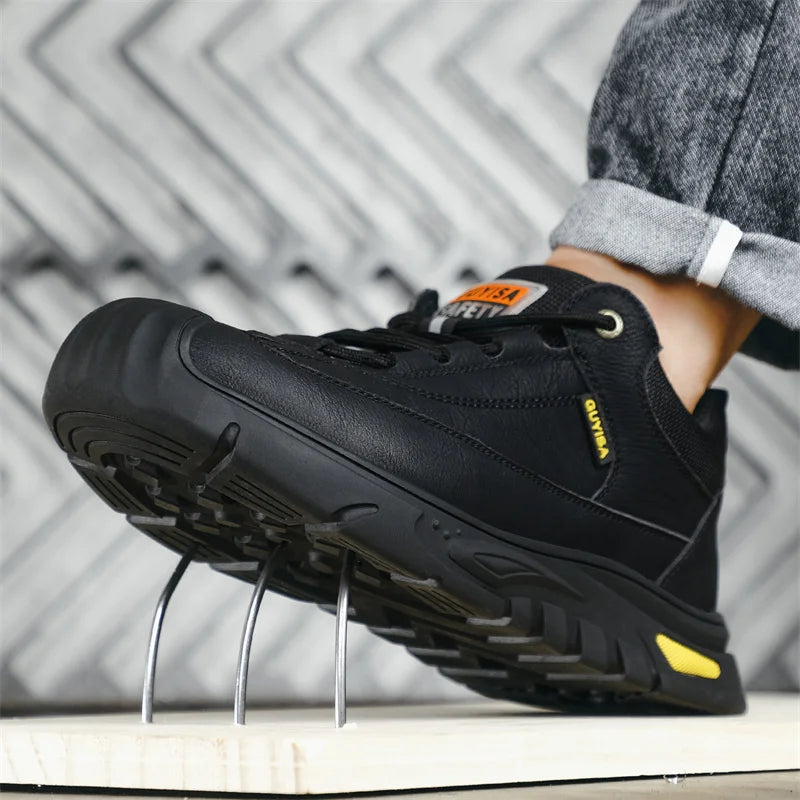 Black Leather Work Safety Shoes Waterproof Indestructible Steel Toe Cap Labor Shoes For Men Breathable Anti Smashing Sneakers