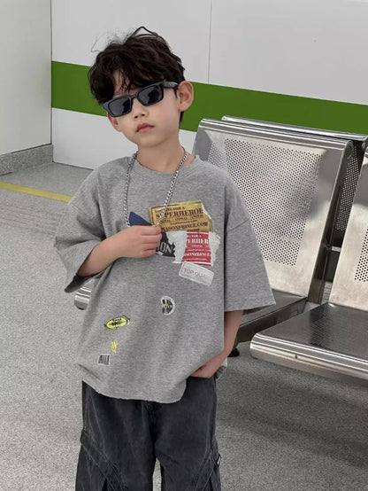 2026 Summer New Vintage Korean Boys T-Shirt Crew Neck Kids Tweens Casual Stylish Breathable Cotton Top