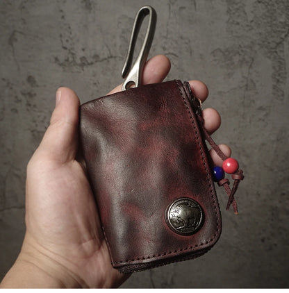 Top Cowhide Car Key Bags Men Women Vintage  Zipper Coin Purse Genuine Leather Wallet Card Holde ‌Housekeeper Home Organizer