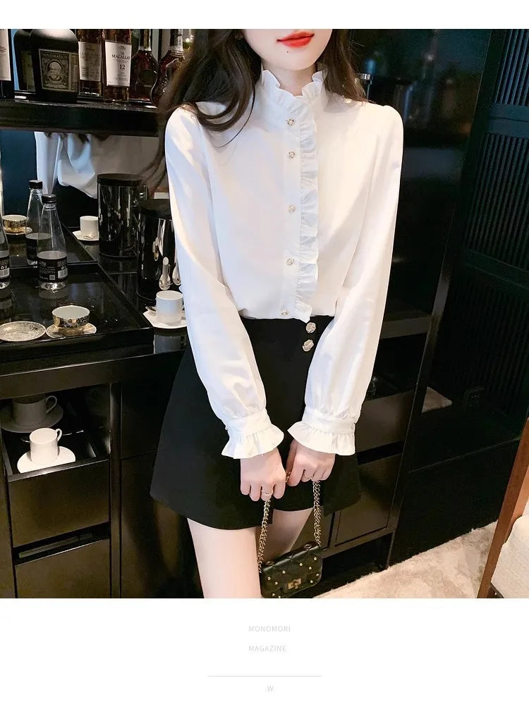 1pcs Woman Spring Autumn French Style Elegant Shirts Lady Fashion White Shirt Female Casual Long Sleeve Half High Collar Tops