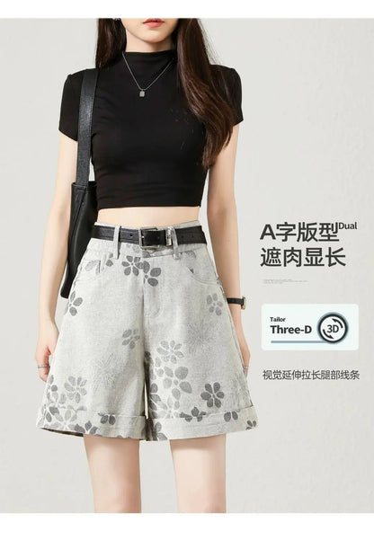 High Waist Floral Print Denim Shorts Women Roll Hem A Line Wide Leg Four Point Pants Summer