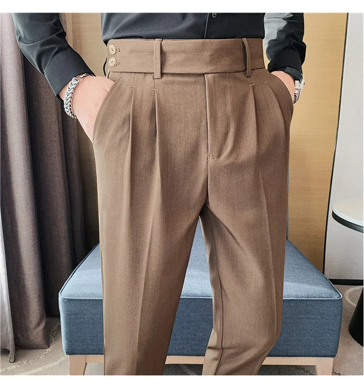 British Style Twill Pleat Design Naples High Waist Casual Trousers Fashion Man Slim Simple Social Party Suit Pant Plus Size 38