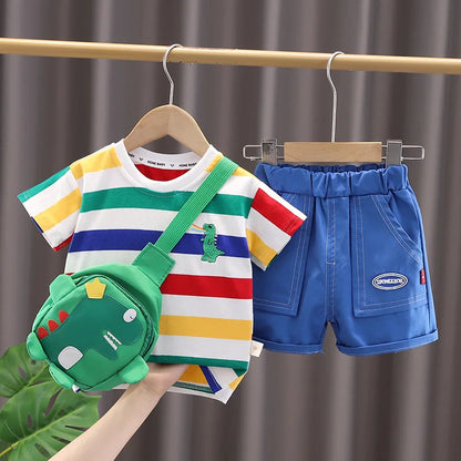 Summer Baby Boys Clothes Set Children Striped Cartoon T-Shirt Pants Bag 3Pcs/Sets Kids Girls Clothing Infant Costume Traksuits