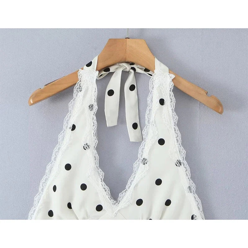 Lace Spliced Polka Dot Halter Dress Women Elegant A-line Mini Sexy Backless Dresses Summer Robe 2025