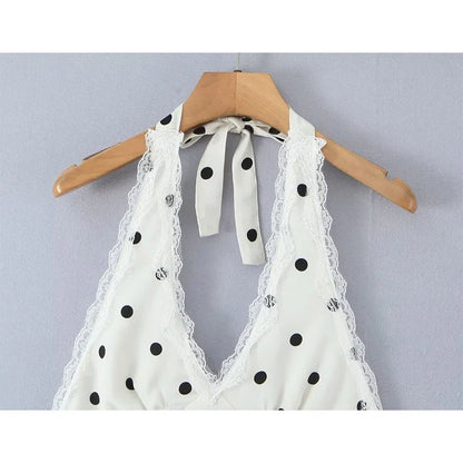 Lace Spliced Polka Dot Halter Dress Women Elegant A-line Mini Sexy Backless Dresses Summer Robe 2025