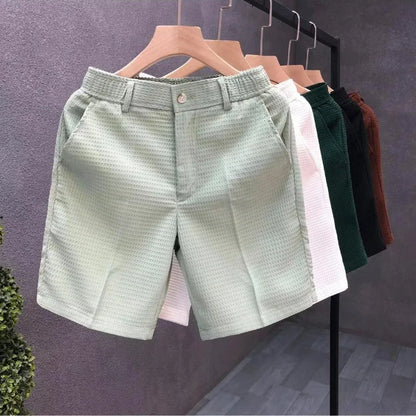 Men's Shorts Plaid Texture Solid Straight-leg Business Social Elastic Waist Button Short Pants Loose Knee Length Casual Short