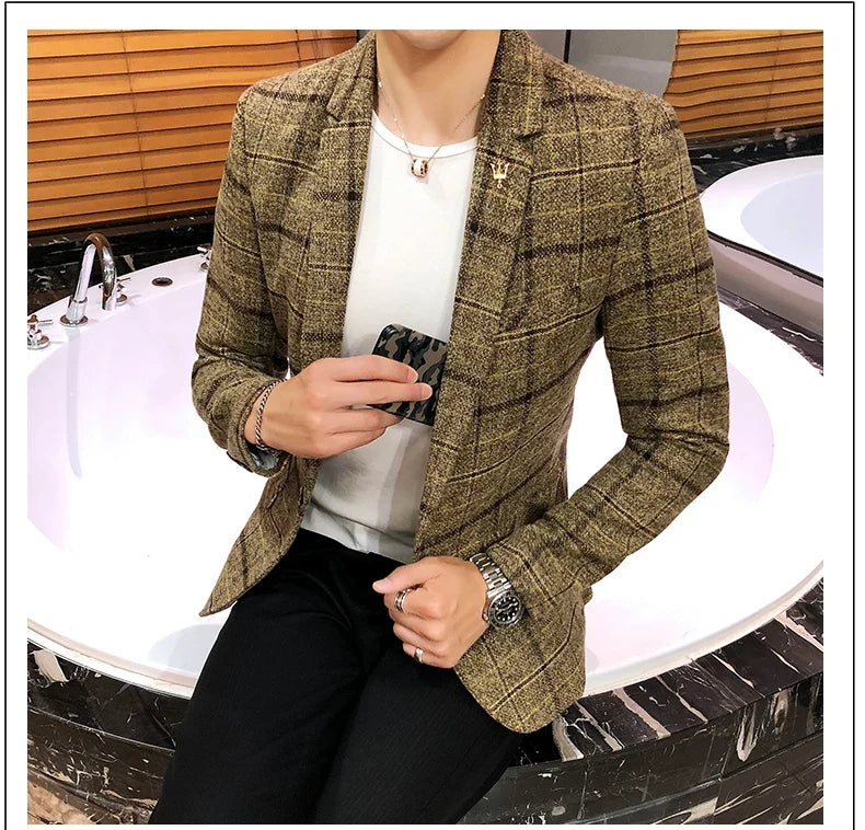 Men Checked Suit Jacket 2023 Spring New Linen Slim Suit Jacket Fashion One-button Business Casual Jacket Large M-5XL Suit Jacket