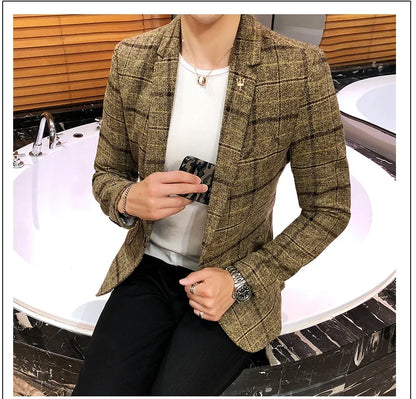 Men Checked Suit Jacket 2023 Spring New Linen Slim Suit Jacket Fashion One-button Business Casual Jacket Large M-5XL Suit Jacket