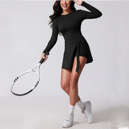 Womens High Neck Tennis Dress Long Sleeve Sarong Wrap Skirt Built in Shorts Golf Athletic Dress Workout Rompers