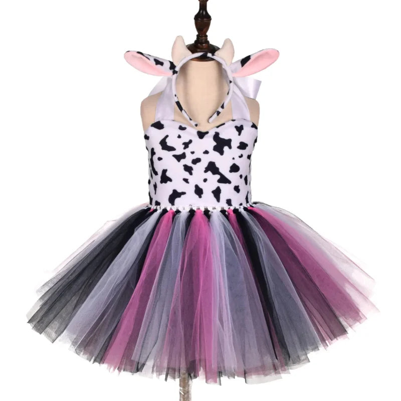 Baby Girls Halloween Animal Cosplay Costume Kids Forest Theme Giraffe Cows Tiger Leopard Zebra Print Tutu Dress Birthday Party