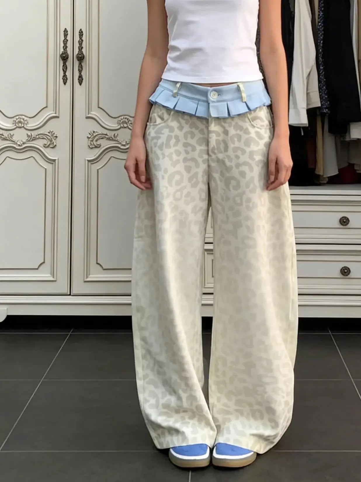 Women's Beige leopard print Y2k Jeans Baggy Aesthetic Denim Trousers Harajuku Streetwear Jean Pants Vintage 2000s Trashy Clothes
