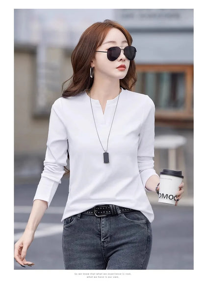 Spring and Autumn All Seasons Women's Long sleeved T-shirt Wine Red Pure Cotton New Fashion Large V-neck Slim fit Casual Top 3XL