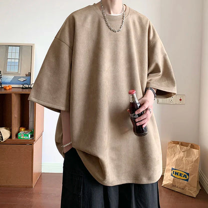 Summer Short Sleeved T-shirt Men Fashion Solid Color Round Neck T Shirt Men Streetwear Loose Suede Tshirt Mens Top M-3XL