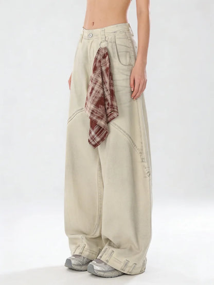 Women's Apricot Wide Jeans Vintage Harajuku Y2k Baggy Denim Long Pants Japanese 2000s Style Denim Trousers Oversize Clothes New