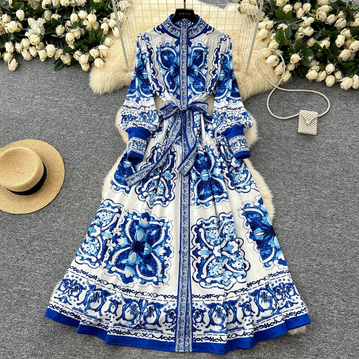 Retro Faion Print Stand Collar Single Button Women's Dr Waist Cinched Floor Length Skirt Korean Sle High Waist Long Sl...