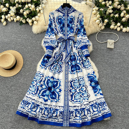 Retro Faion Print Stand Collar Single Button Women's Dr Waist Cinched Floor Length Skirt Korean Sle High Waist Long Sl...