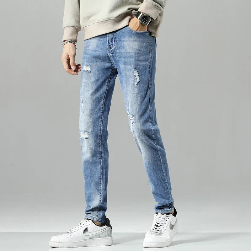 Men Stretch Slim Ripped Jeans Hip Hop Streetwear Korean Vintage Distressed Little Feet Pants Personality Male Trousers