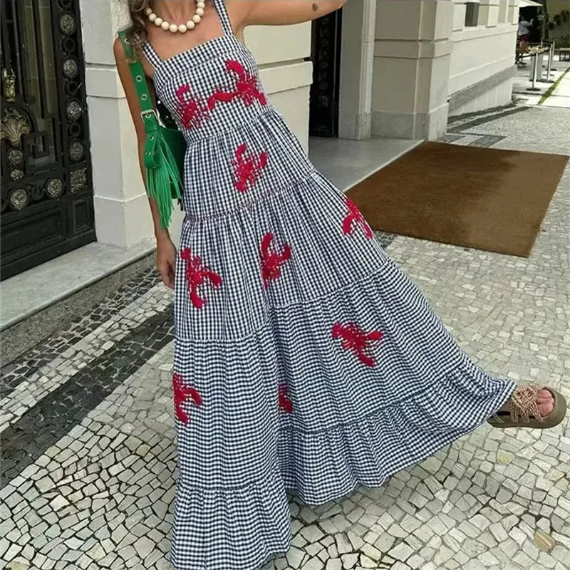 Plaid Slip Long Dress Woman Embroidery Ruffle Summer Dresses 2025 Sleeveless Beach Holiday Dress Women Casual Midi Dresses