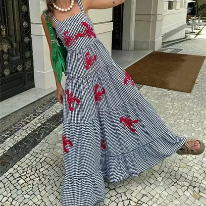 Plaid Slip Long Dress Woman Embroidery Ruffle Summer Dresses 2025 Sleeveless Beach Holiday Dress Women Casual Midi Dresses