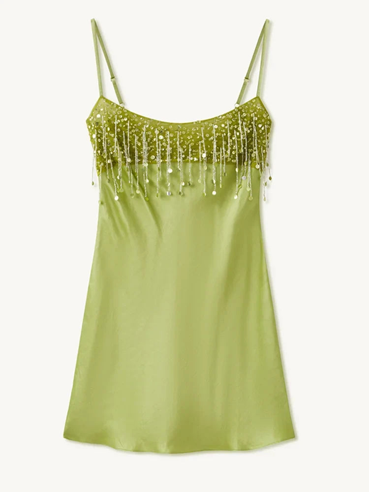 High End Sequin Tassel Satin Dress Women's Elegant Straps Low Neck Mini Vistidos 2026 Stylish Back Zipper Beach Party Gown