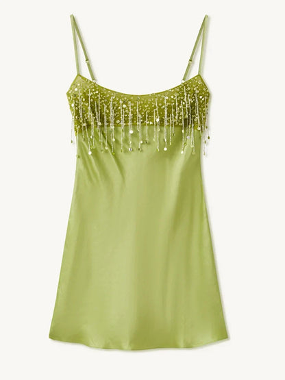 High End Sequin Tassel Satin Dress Women's Elegant Straps Low Neck Mini Vistidos 2026 Stylish Back Zipper Beach Party Gown