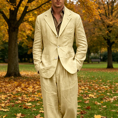 Men's Linen Suit 2 Pieces Set Casual Blazer & Wide Leg Pants Notch Lapel Breathable Wedding Business Party Jacket Tuxedo Summer