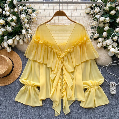 Chic Ruffles Splice Chiffon Blouse V Neck Flared Sleeve Loose Tops 2025 Fashion Solid Fairycore Vacation Women Shirt
