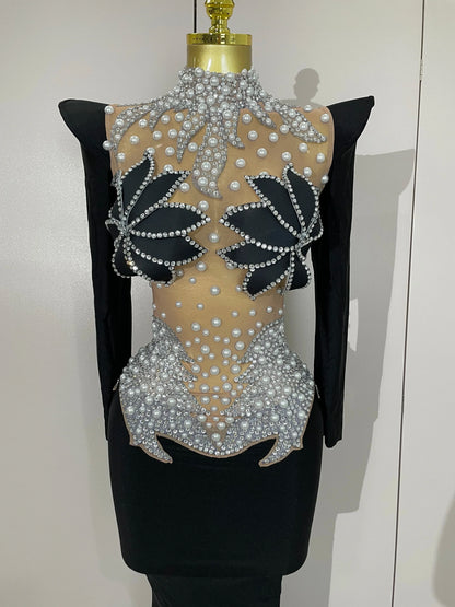 Luxury Sparkly Diamonds Pearl White See Through Mesh Long Dress Women Wedding Evening Party Stage Performance Photoshoot Dress