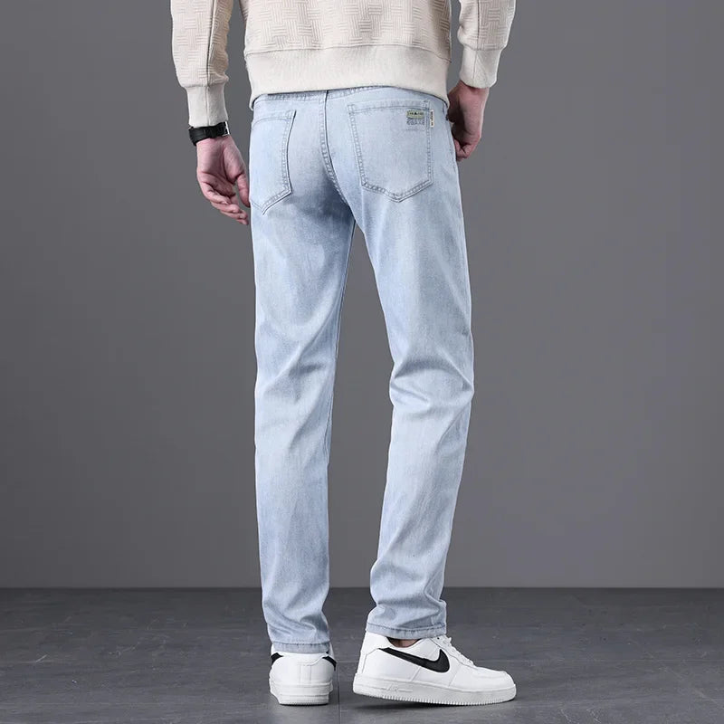 Classic Men Vintage Cloth High Waist Trousers 2024 Autumn Loose Straight Stretch Wash Jeans High Quality Sky Blue Brand Pants