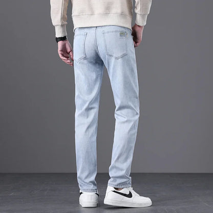 Classic Men Vintage Cloth High Waist Trousers 2024 Autumn Loose Straight Stretch Wash Jeans High Quality Sky Blue Brand Pants