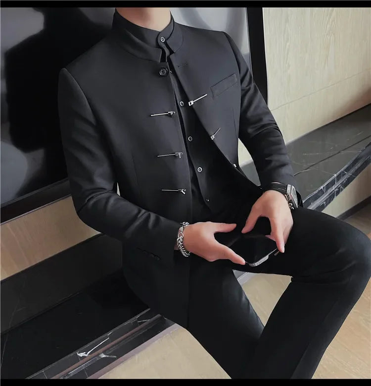 Chinese Style Stand Up Collar Suit Jacket for Men High Quality Mens Slim Fit Casual Social Wedding Dress Coat Men's Clothing