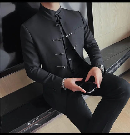 Chinese Style Stand Up Collar Suit Jacket for Men High Quality Mens Slim Fit Casual Social Wedding Dress Coat Men's Clothing