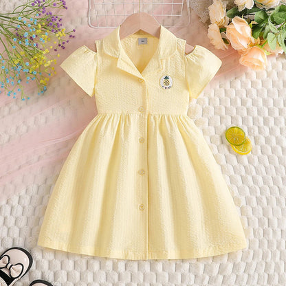 Girls Summer Dress 100% Cotton 2-8Y Cold Shoulder Short Sleeve Pineapple Embroidery Button Up Casual A-Line Sundress