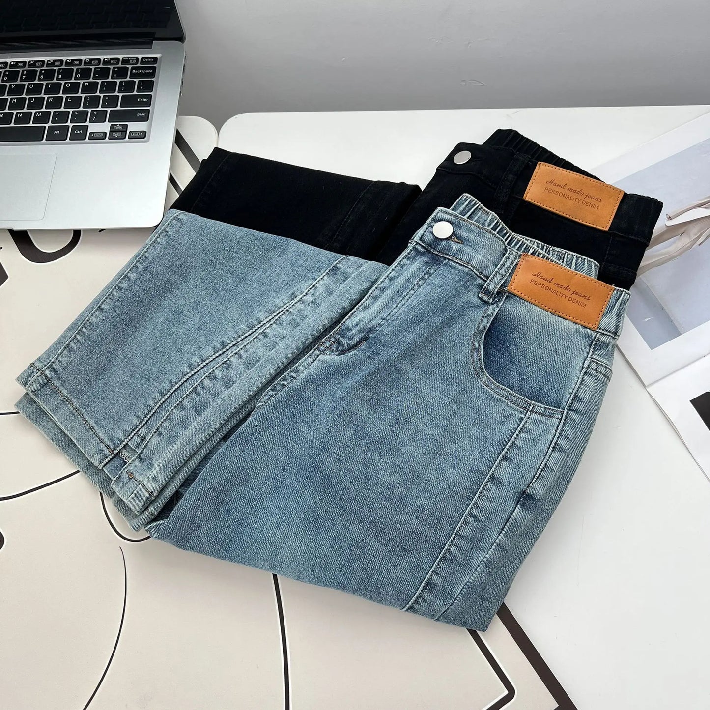 Women's Split Leg Opening Drainpipe Jeans, Casual Ankle Length Denim Pants, Straight Leg, Plus Size, Spring, Autumn, 100kg, 1649