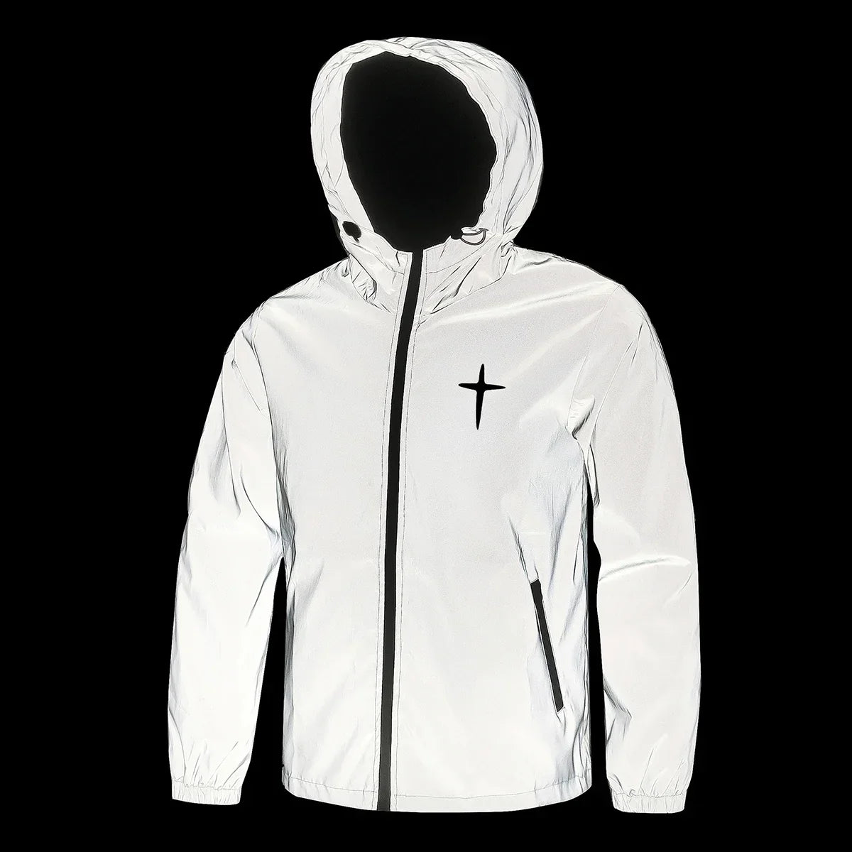 Men's Night Reflective Jacket Fashion Cross Printed Windproof Hooded Coats Streetwear Outdoor Cycling Jogger Safety Outerwear
