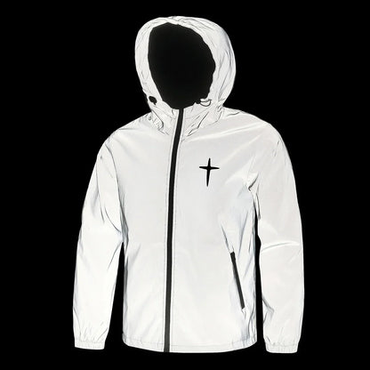Men's Night Reflective Jacket Fashion Cross Printed Windproof Hooded Coats Streetwear Outdoor Cycling Jogger Safety Outerwear