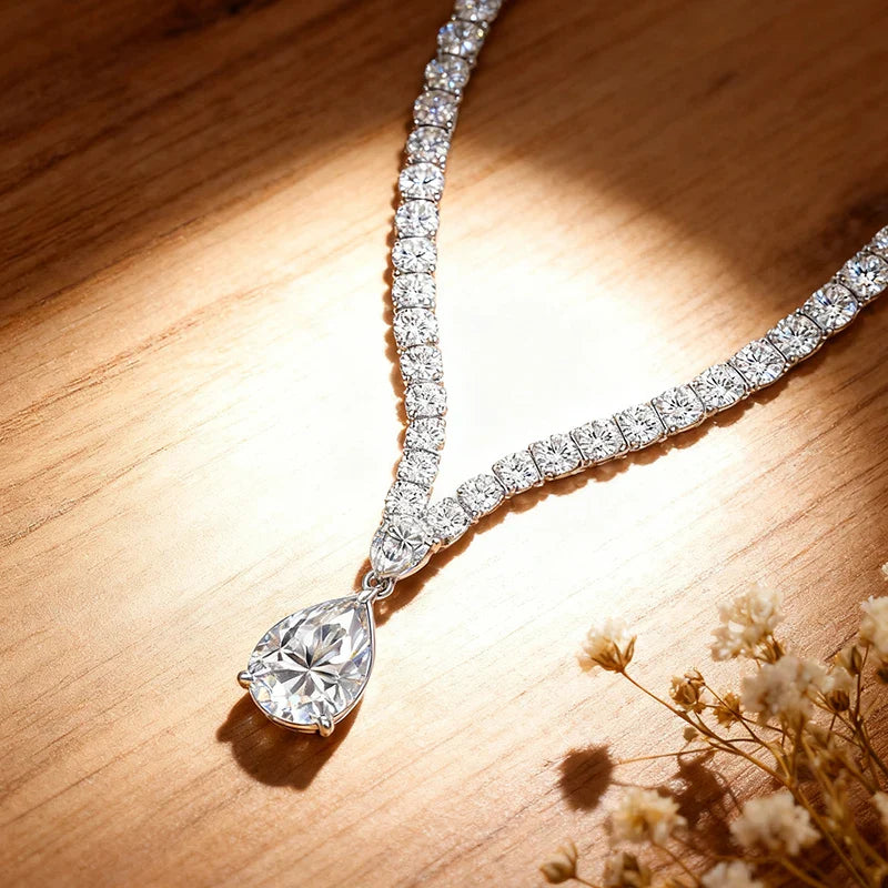 Luxury Pear Cut Full D Color Moissanite Tennis Neck Chain Woman s925 Silver All Lab Diamond Party Bridal Necklaces Gift