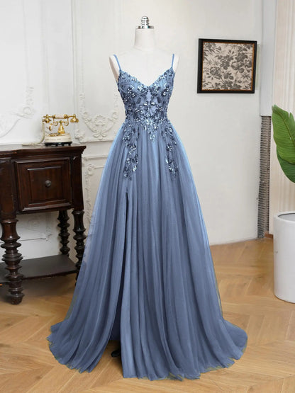 Sling Evening Dresses Sexy Spaghetti Straps V-Neck Illusion Sequins Appliques Prom Dress A-Line Train High Split Gowns