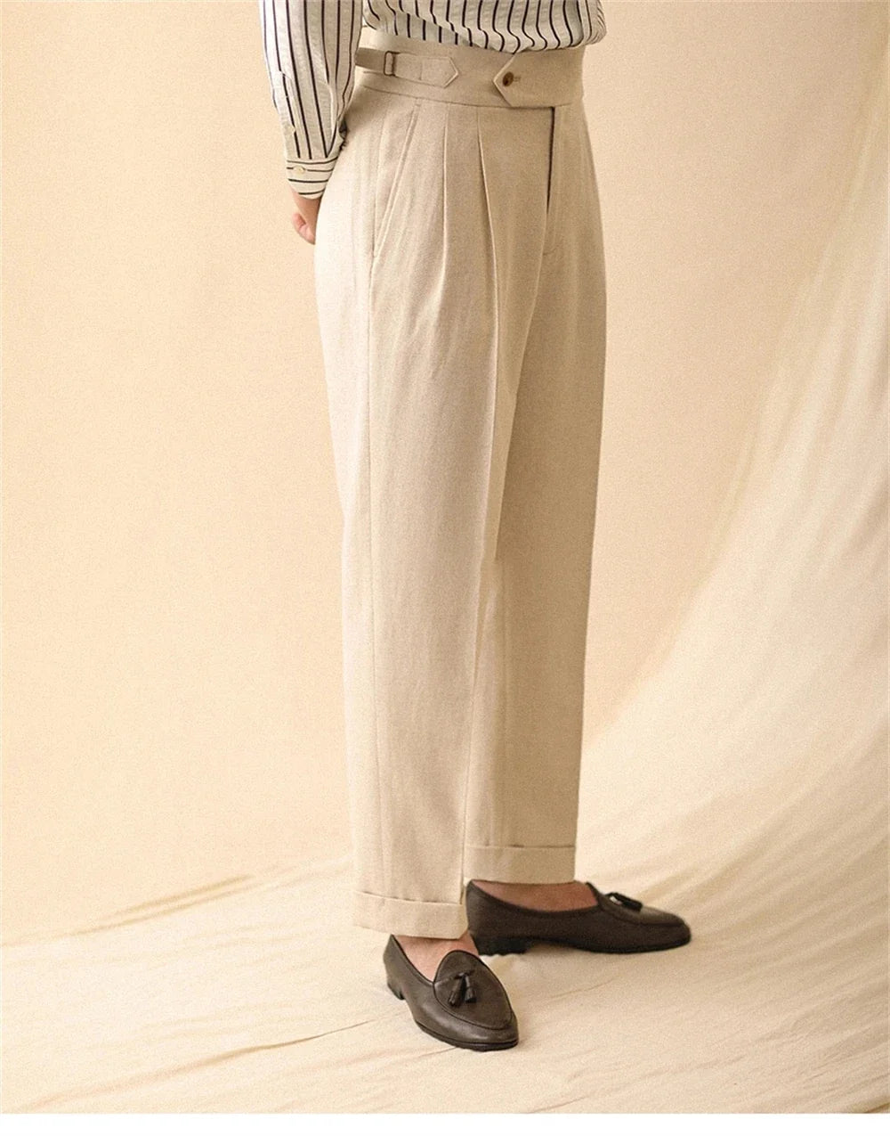 Linen Straight Pant For Men Summer Business Gentleman Naples Pant Paris Buckle Drape High Waisted Trousers Men Formal Pant