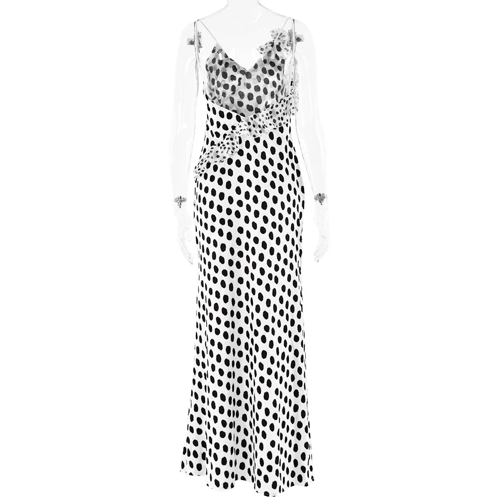 Sexy Backless  Print Dots Flower Women Maxi Dress Spaghetti Strap Evening Dress Autumn Skinny Elegant Party Clubwear