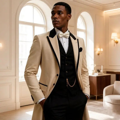 3 Pcs Wedding Suits for Men Slim Fit Long Groom Tuxedo Jacket Single Breasted Tailor Made Formal Prom Suits for Diplomatic Wear