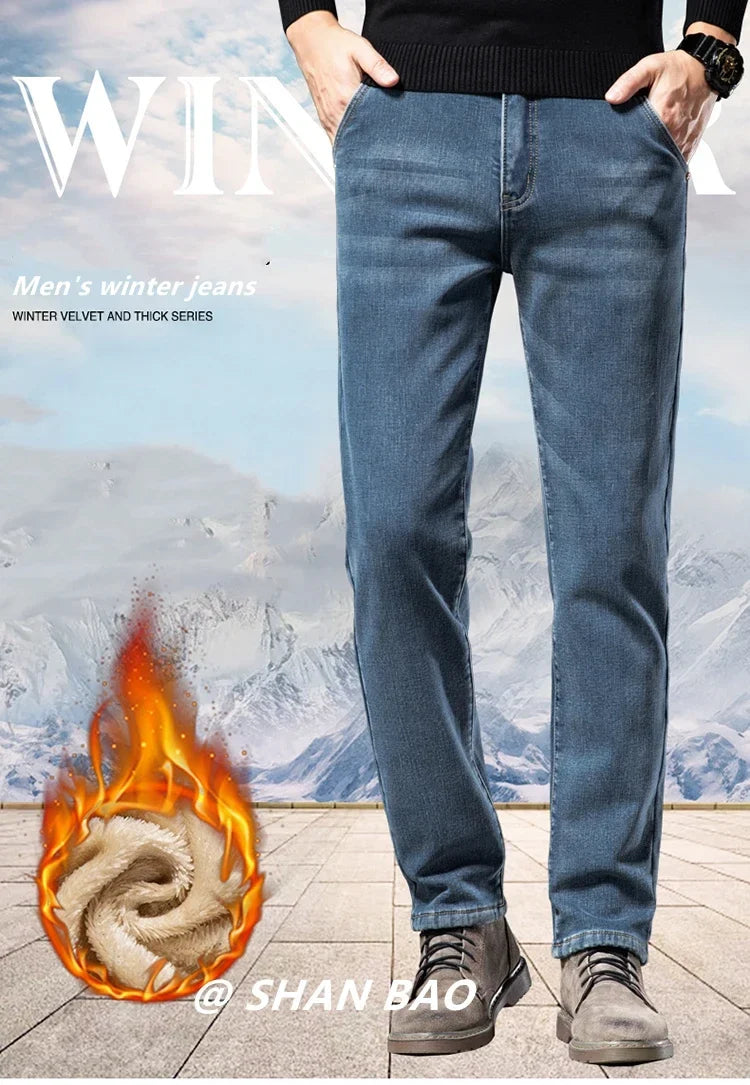 Winter Fleecy Thickened Warm Jeans Vintage Brand Classic Retro Youth Fashion Men Fit Straight Leg Casual Stretch Denim Pants
