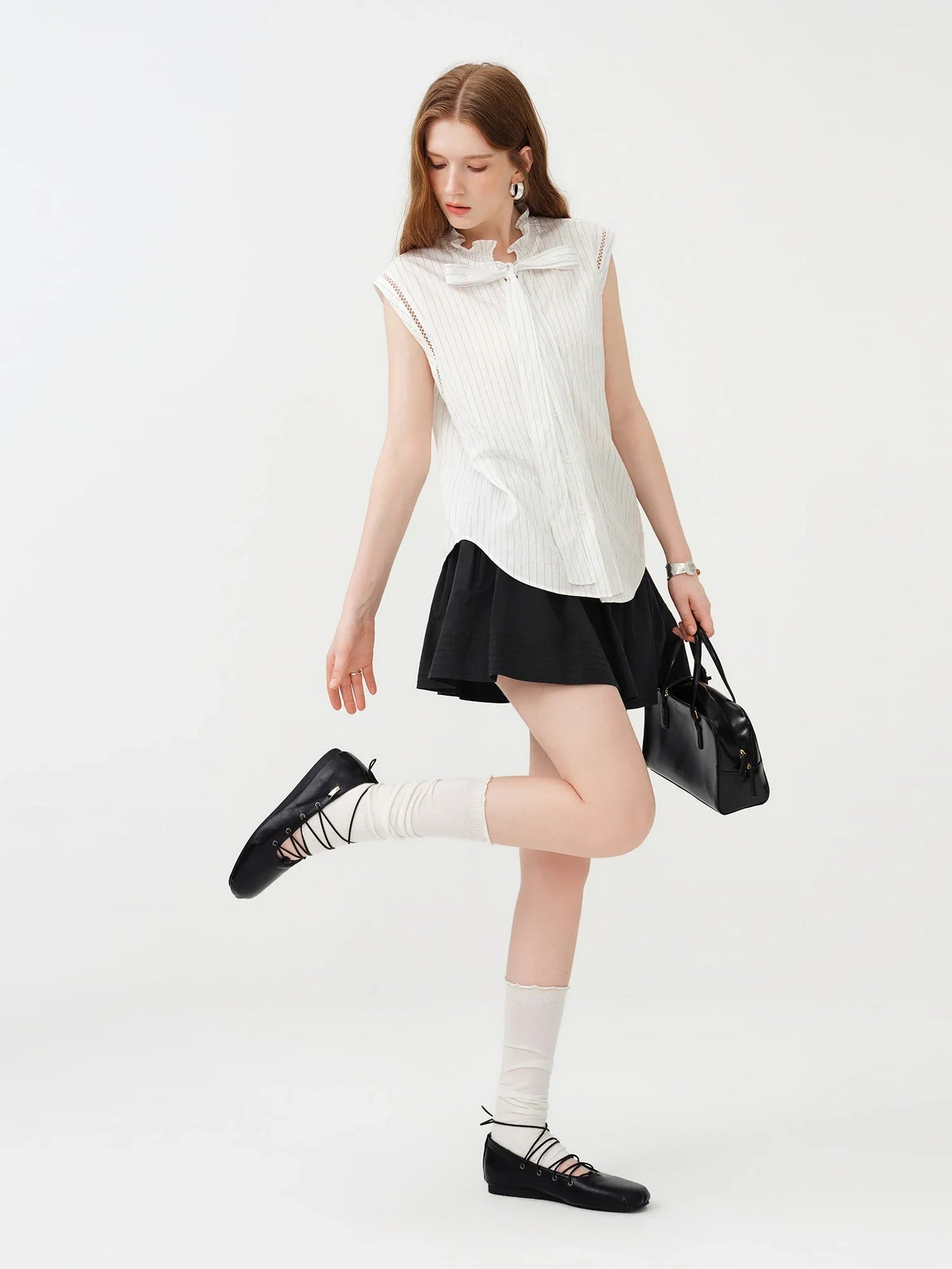 2026 Summer Women’s Striped Ruffle Tie-Neck Sleeveless Blouse, Breathable Office Top for Lightweight Elegant Office Style