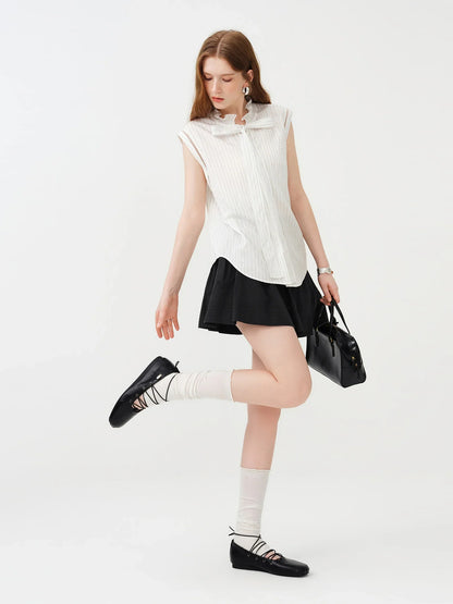 2026 Summer Women’s Striped Ruffle Tie-Neck Sleeveless Blouse, Breathable Office Top for Lightweight Elegant Office Style