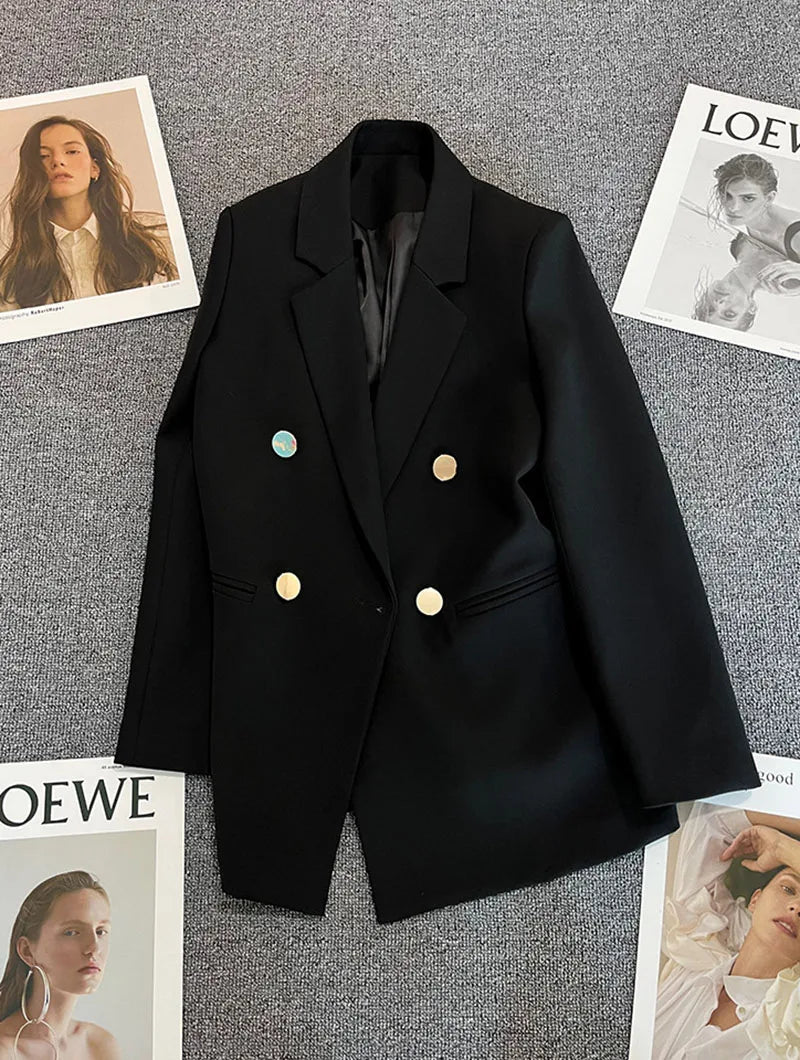 Casual Small Suit Jacket Women Fashion Loose Metal Double-Breasted Blazer Coat Korean Occupation Office Formal Lapel Blazers